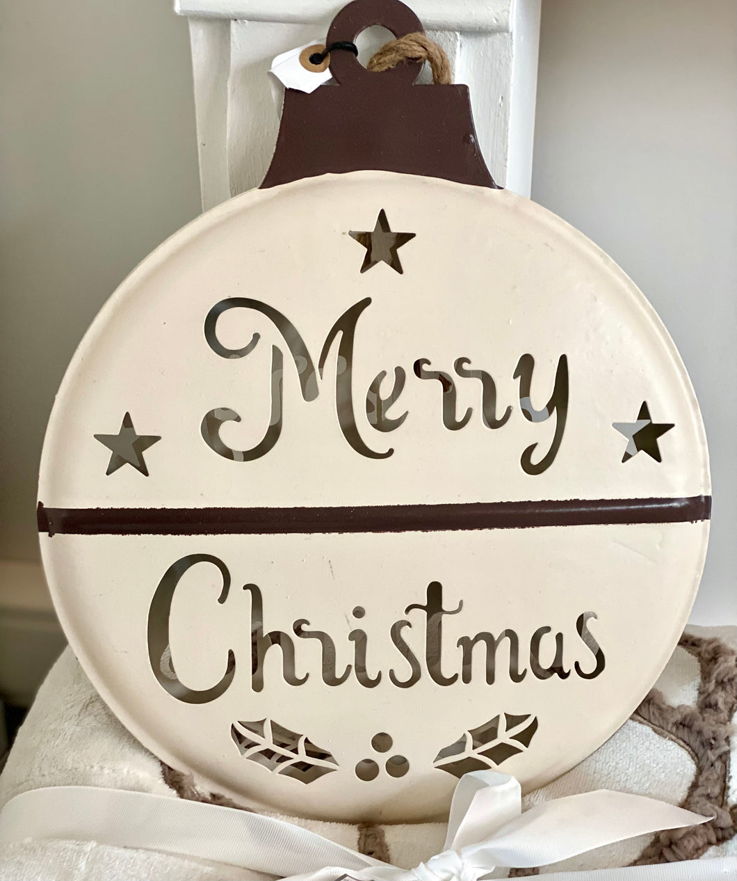 Grande boule métallique Merry Christmas crème/brun 30cm