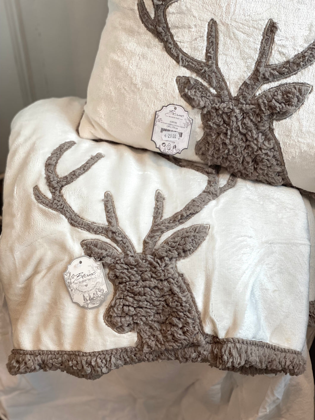 Plaid tête de cerf fourrure/teddy blanc/marron 130x170cm