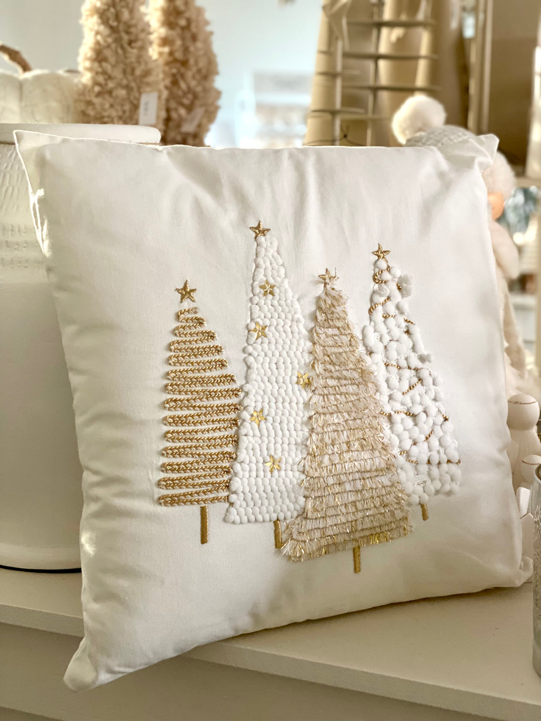 Coussin sapins blanc/doré 45x45cm (déhoussable, intérieur compris)