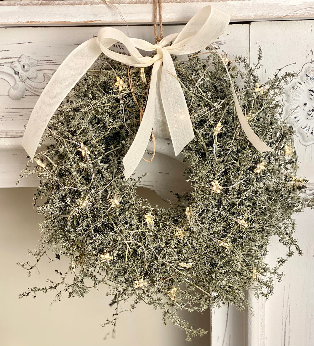 Couronne Asparagus vert tendre lumineuse avec noeud 30cm