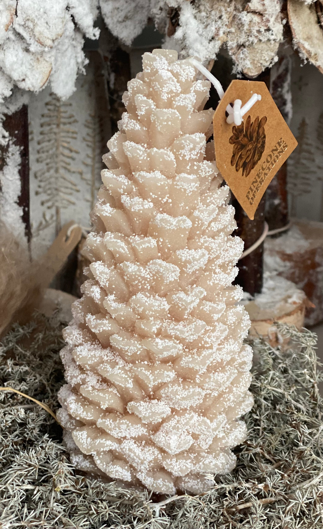 Bougie pomme de pin givrée beige H20xL8cm